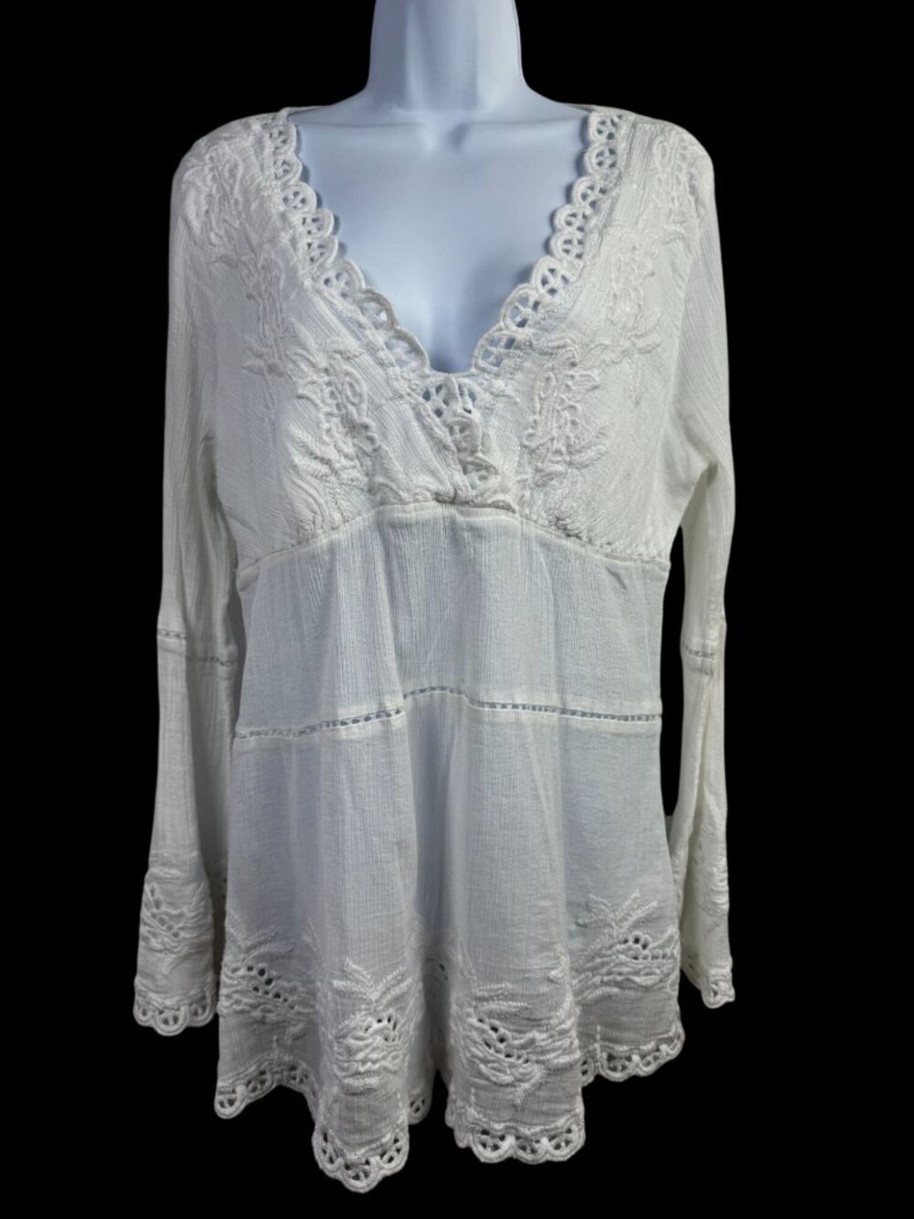 Boston Proper White Crochet Lace Detail Boho Tunic Top Women Large 100% Cotton